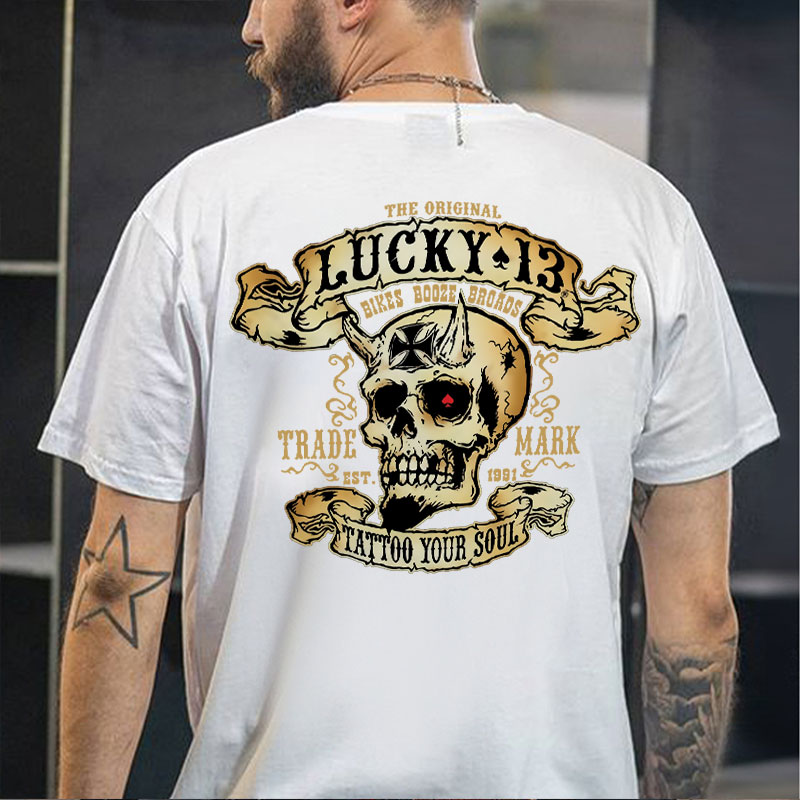 LUCKY THIRTEEN Skull Black Print T-shirt