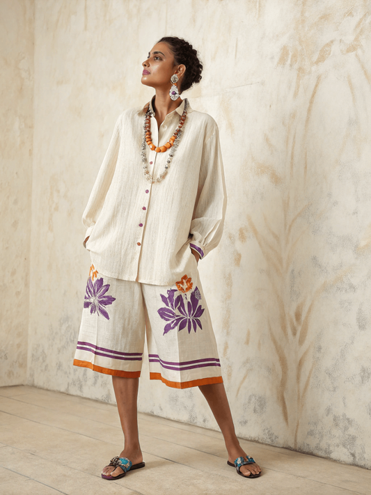 Cotton and linen women's shirt and five length pants set