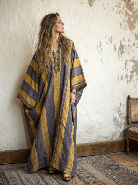 Linen Printed Kaftan Maxi Dress