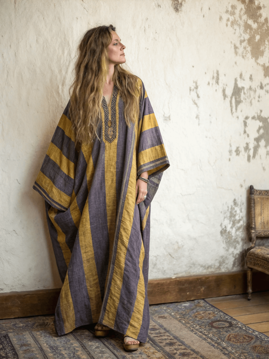 Linen Printed Kaftan Maxi Dress