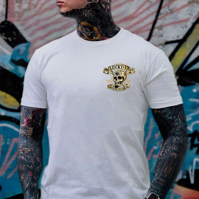 LUCKY THIRTEEN Skull Black Print T-shirt