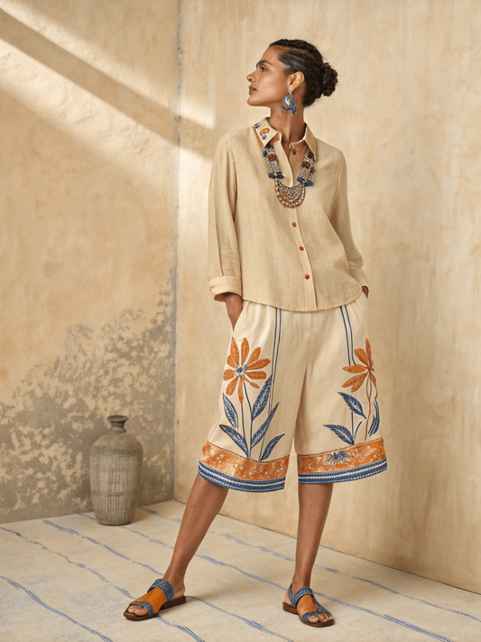 Cotton and linen women's shirt and five length pants set