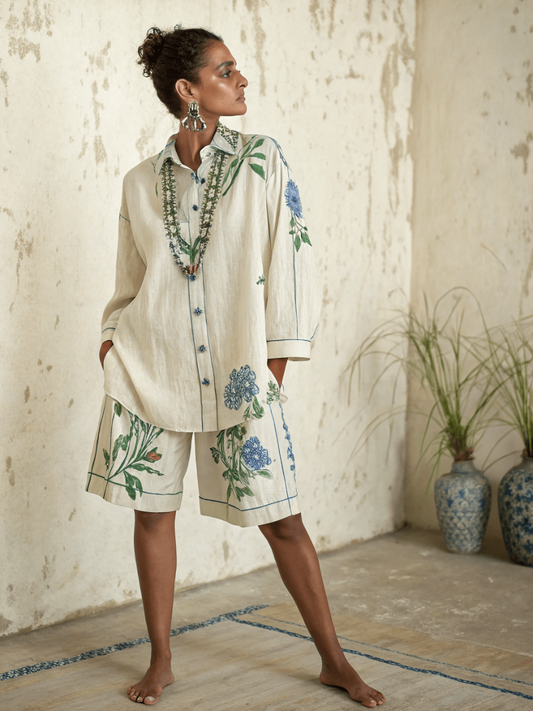 Cotton and linen women's shirt and shorts set