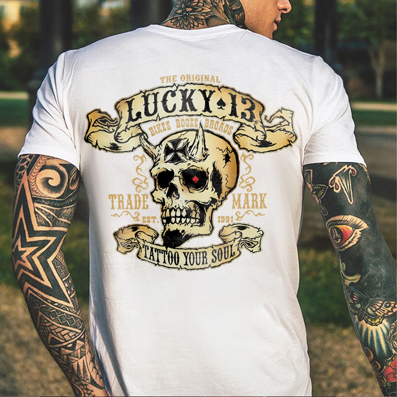 LUCKY THIRTEEN Skull Black Print T-shirt