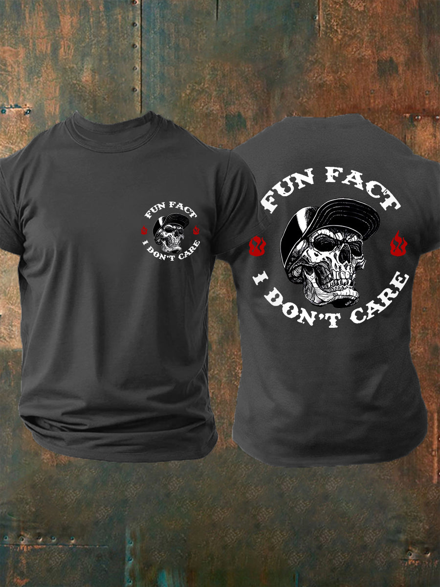 Men's Fun Fact I Don't Care Funny Skeleton Quote Attitude Tee