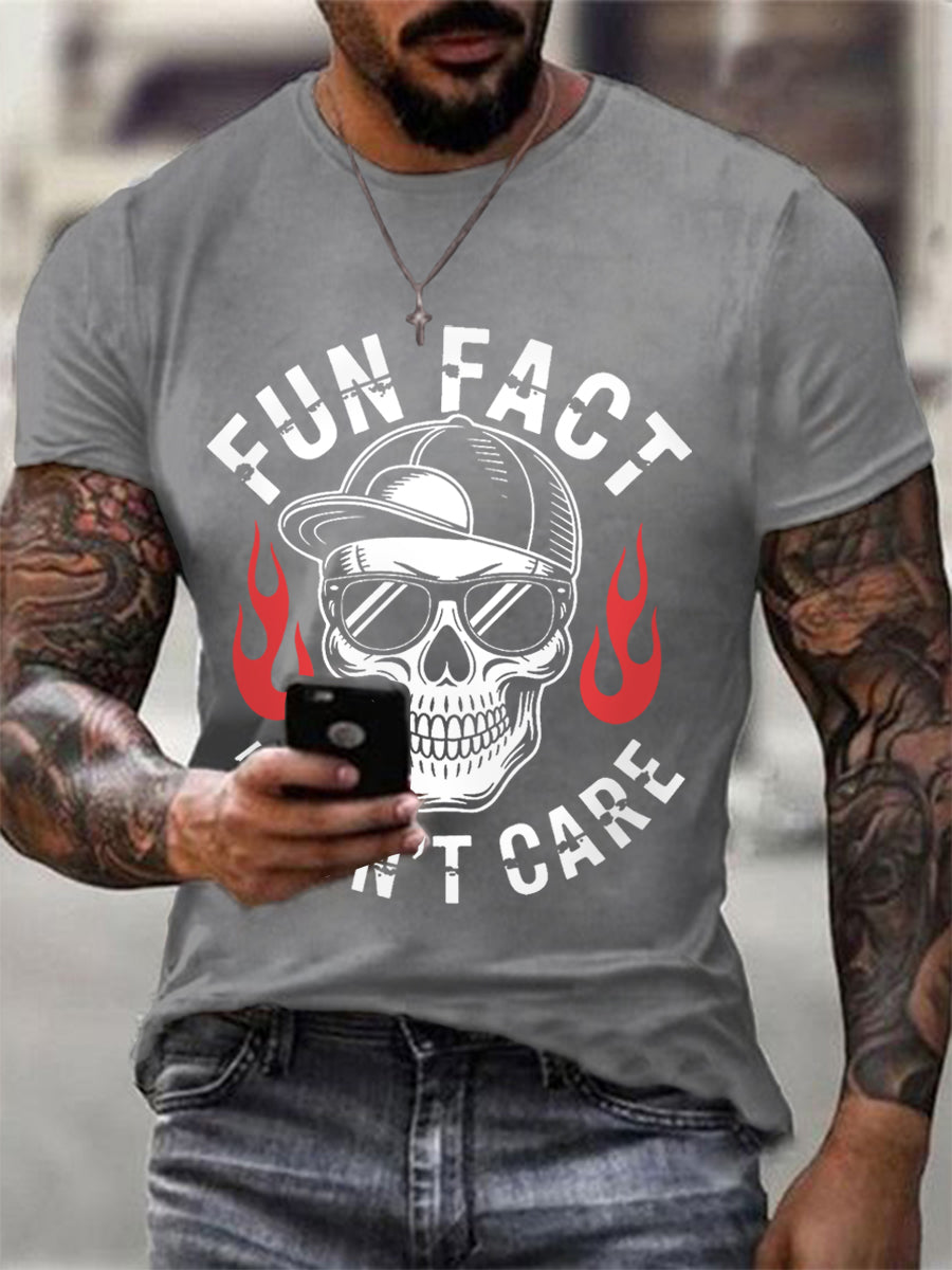 Men's Fun Fact I Don't Care Funny Skeleton Quote Attitude Tee