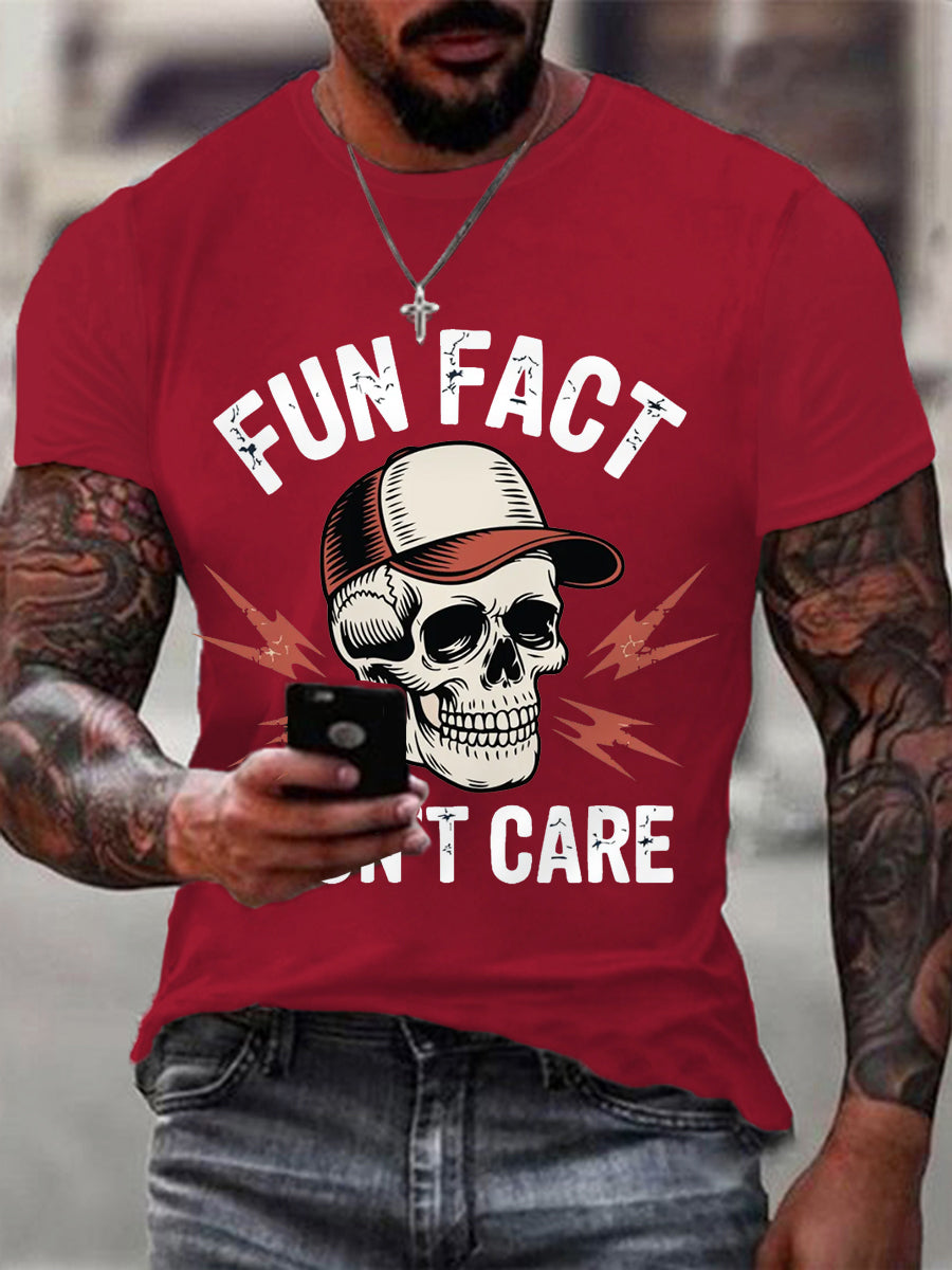 Men's Fun Fact I Don't Care Funny Skeleton Quote Attitude Tee